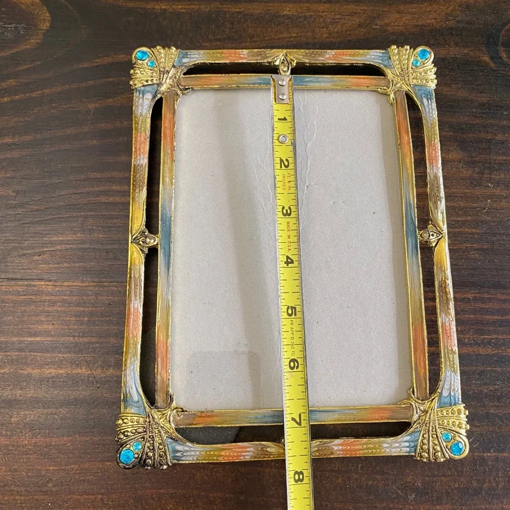Vintage Art Nouveau Style Enameled Metal Photo Frame Gold Blue Rhinestone 5x7